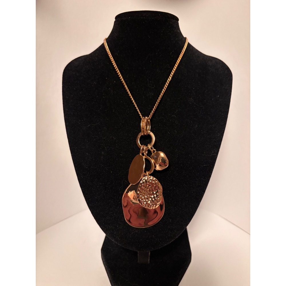 Rose Gold Tone Multi Charm Pendant Necklace Hammered Disc Crystal Toggle Clasp